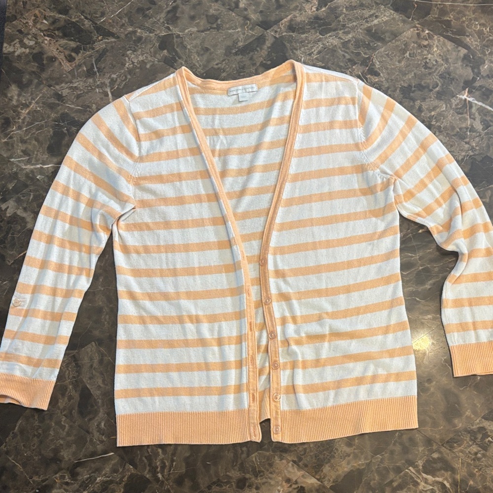 New York & Company - Cream and Apricot - Button Down Striped Cardigan